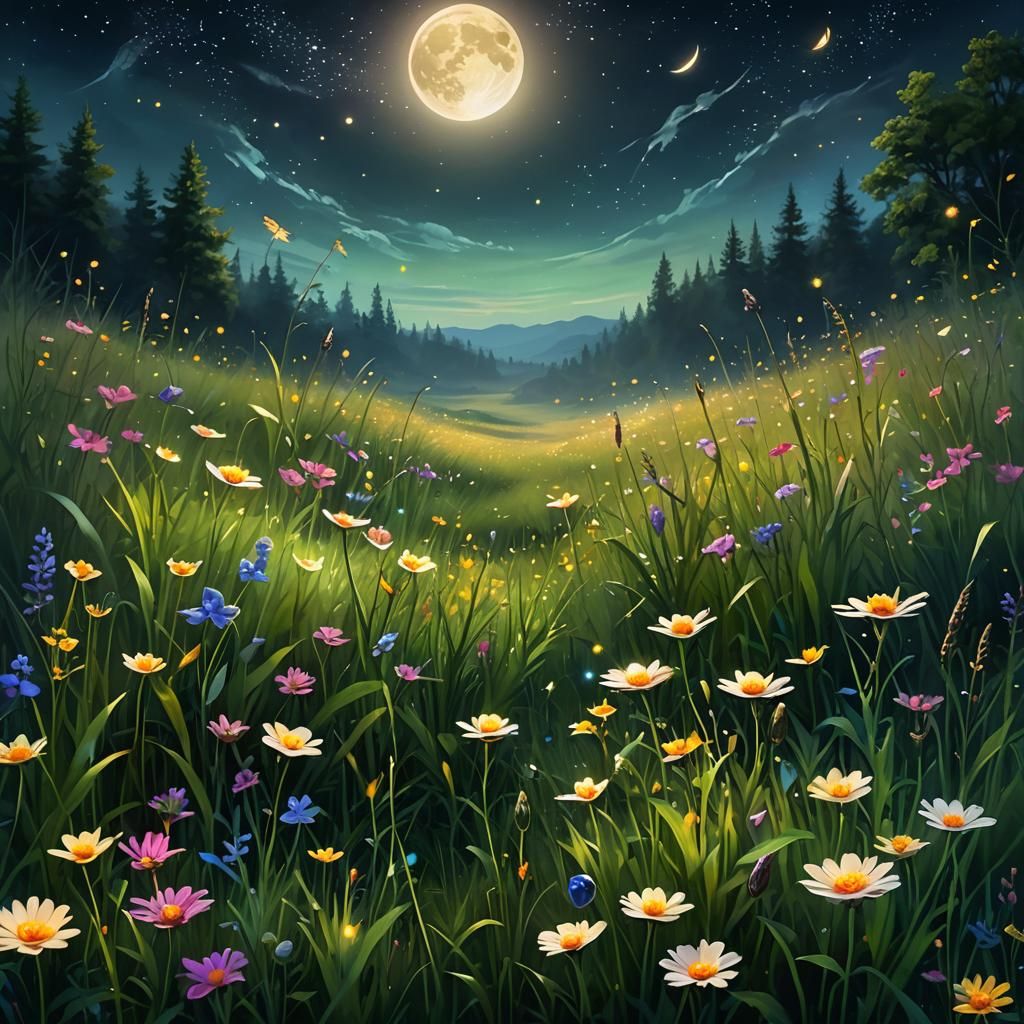 Ethereal Moonlit Meadow in a Fantasy Style