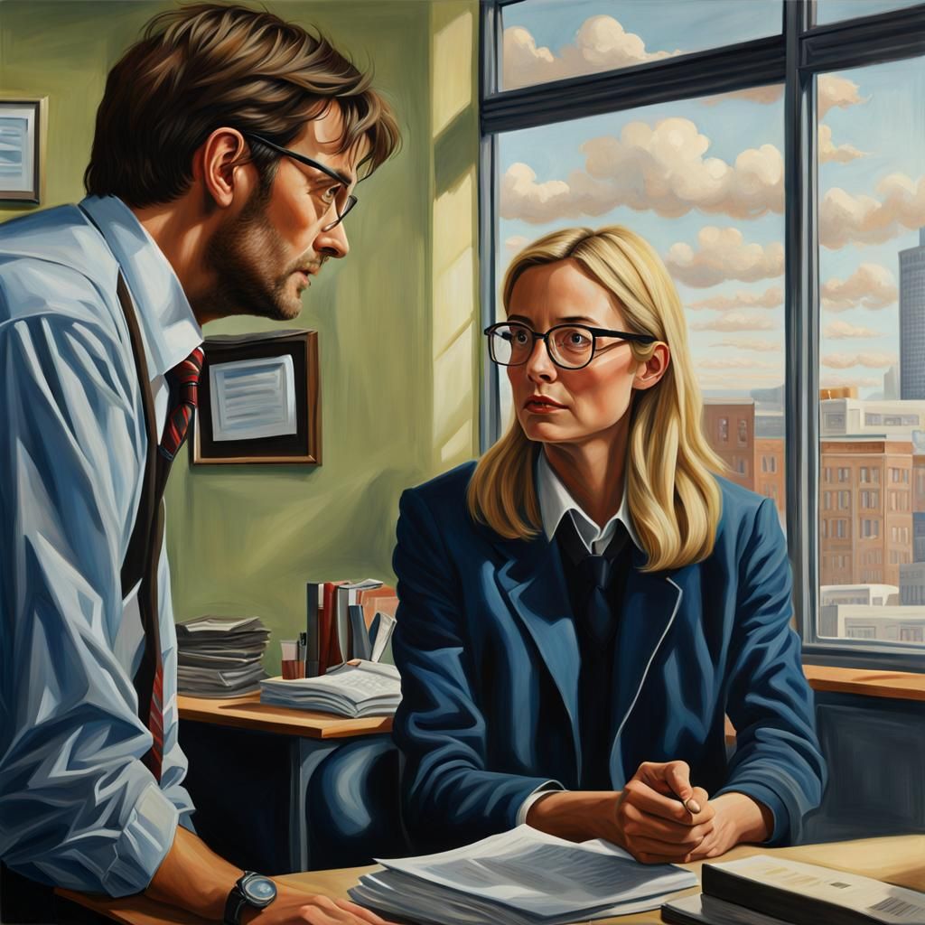 David Tenant and Blond Woman in Office, Oil Painting