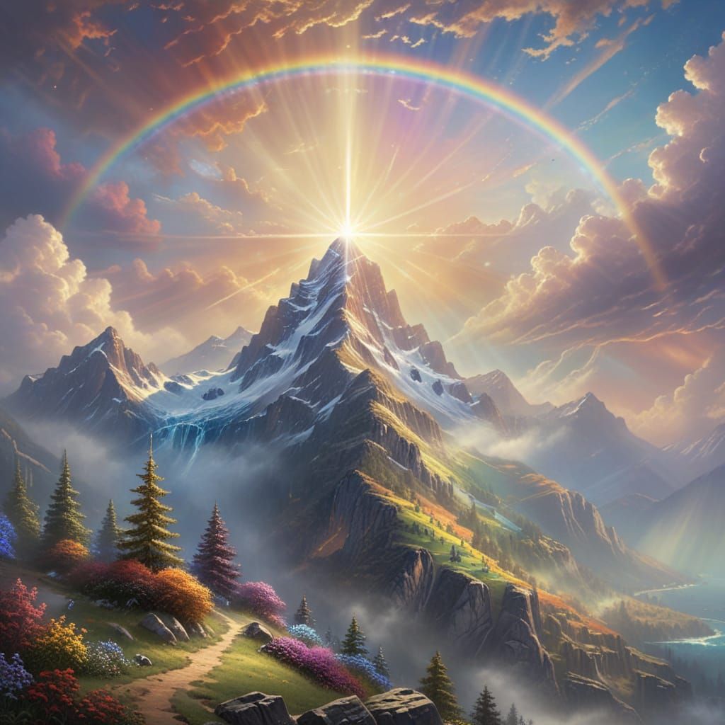 Ethereal Rainbow Landscape with Golden Star