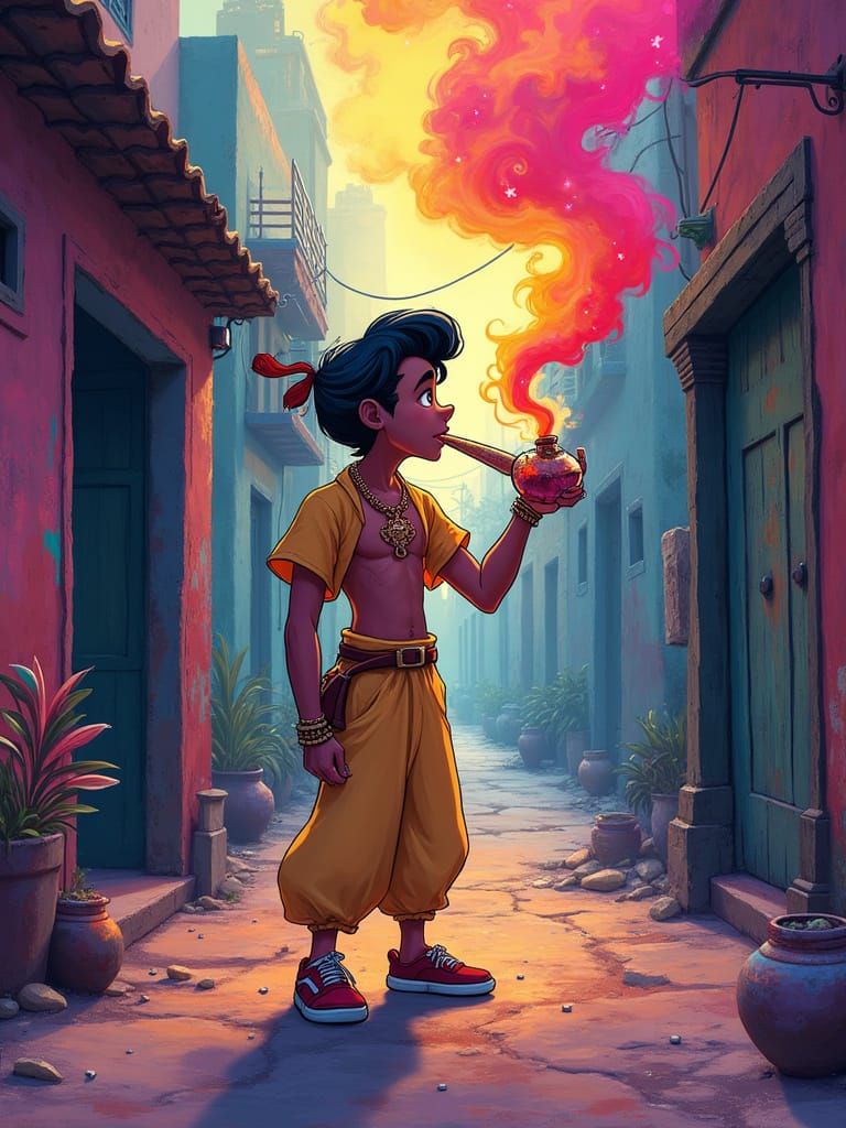 Aladdin Smoking with Genie, Disney-Inspired Cartoon