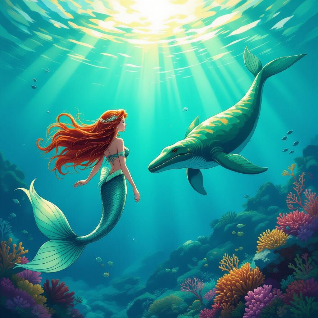 Mermaid and Plesiosaur in Vibrant Underwater Scene
