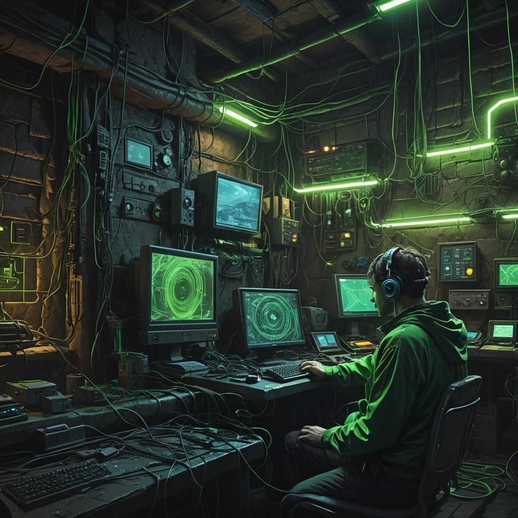 Dark Fantasy Hacker in Neon Noir Basement