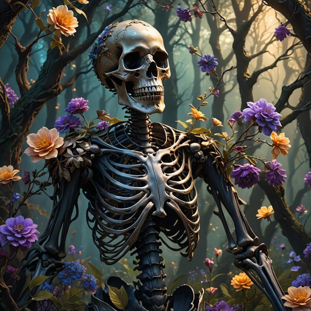 Skeleton Holding Flowers in Mystical Forest Concept Art