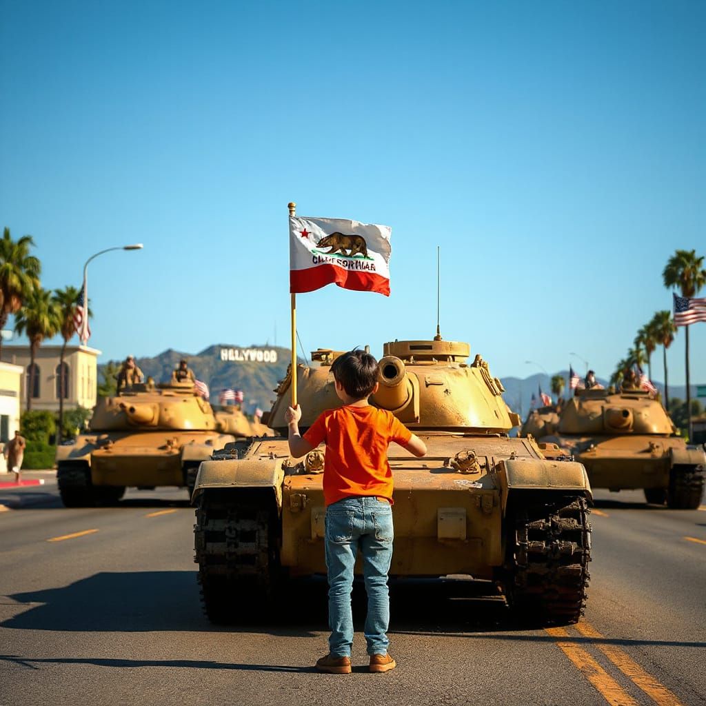 Child Confronts Tanks Near Hollywood Sign