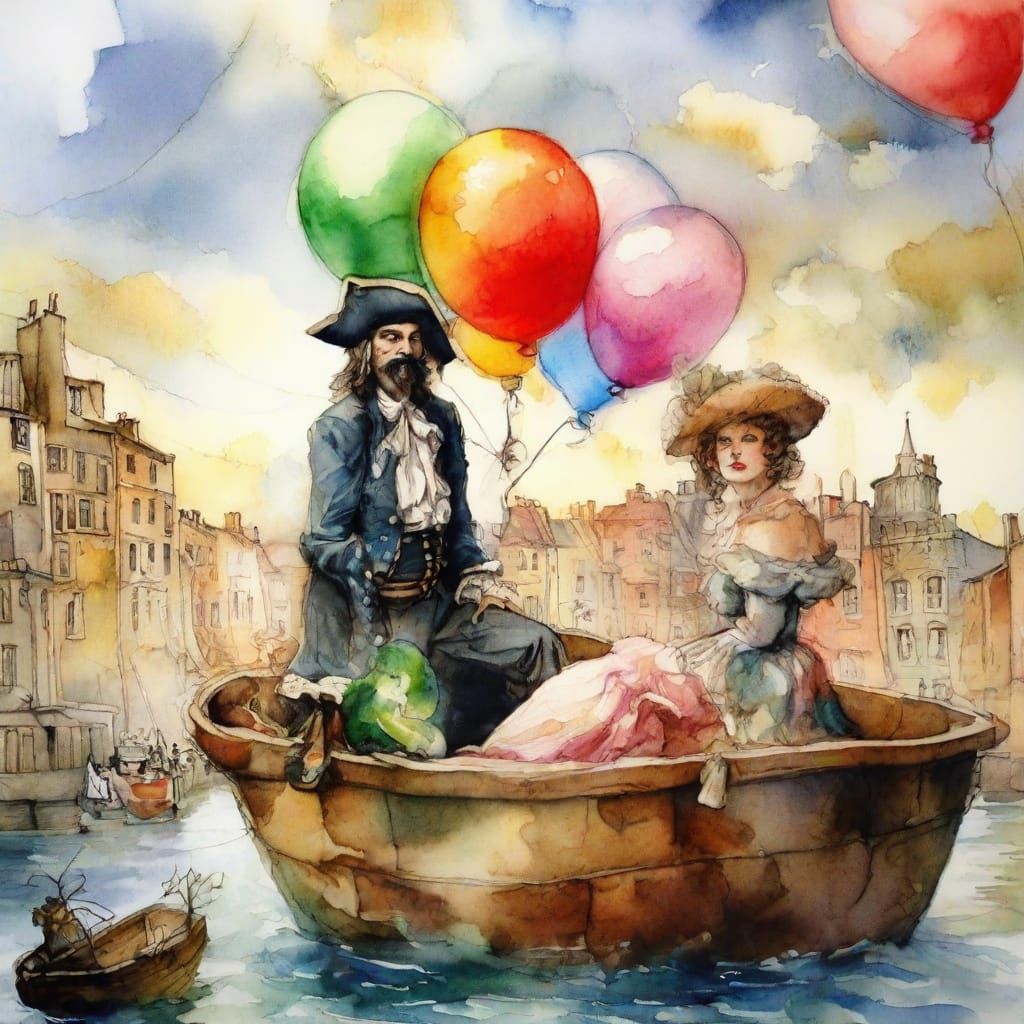 Whimsical Balloon Flight Above London in Watercolor Style