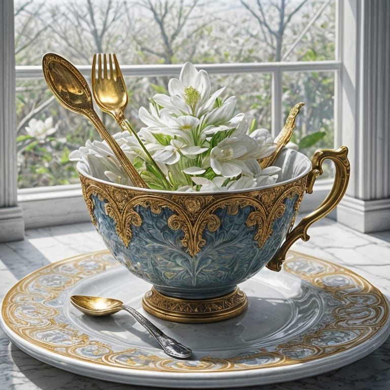 Fantasy Spoon Stirring Tea on Ornate Table