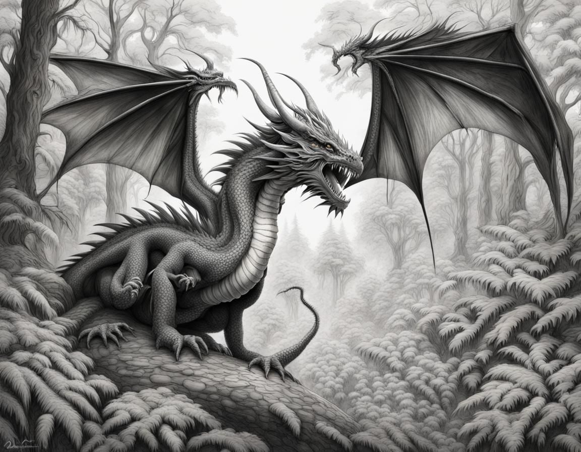 Dragon Exhaling Frost in Taiga Forest: Charcoal Line Art