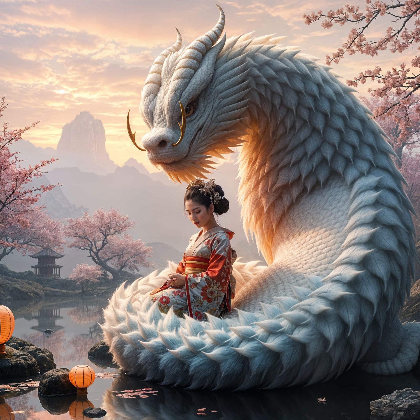 Geisha and Beast: A Mystical Digital Artwork
