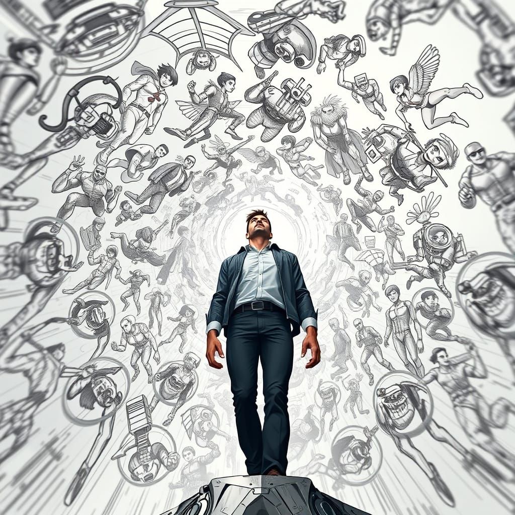 Man Ascends Amidst Whirling Character Sketches in Cyberpunk ...