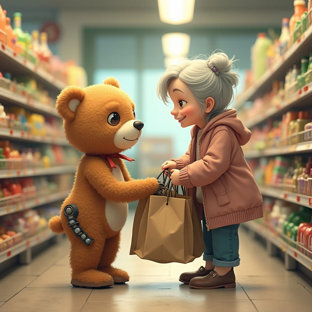 Gentle Robot Assists Elderly Woman in Whimsical Supermarket....