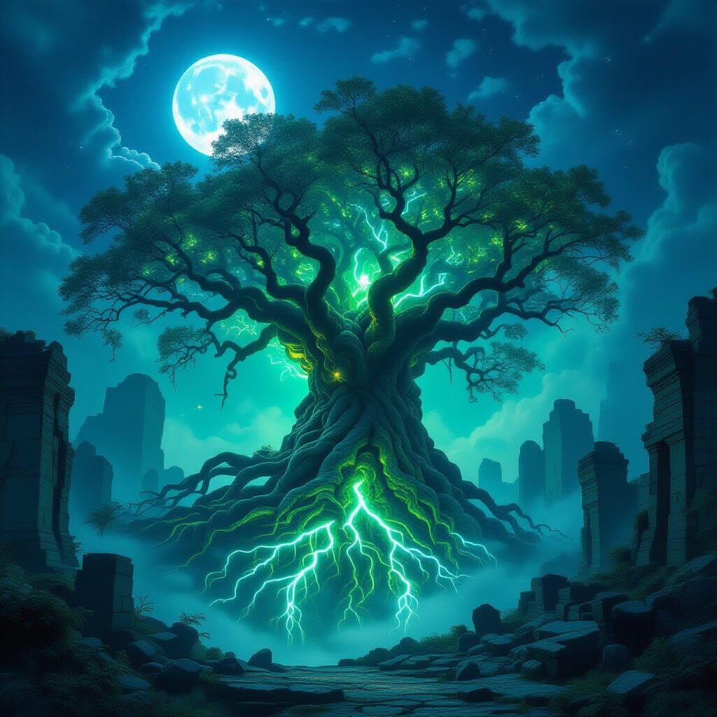 Ancient Tree with Bioluminescent Roots Over Ruins Under Twin...
