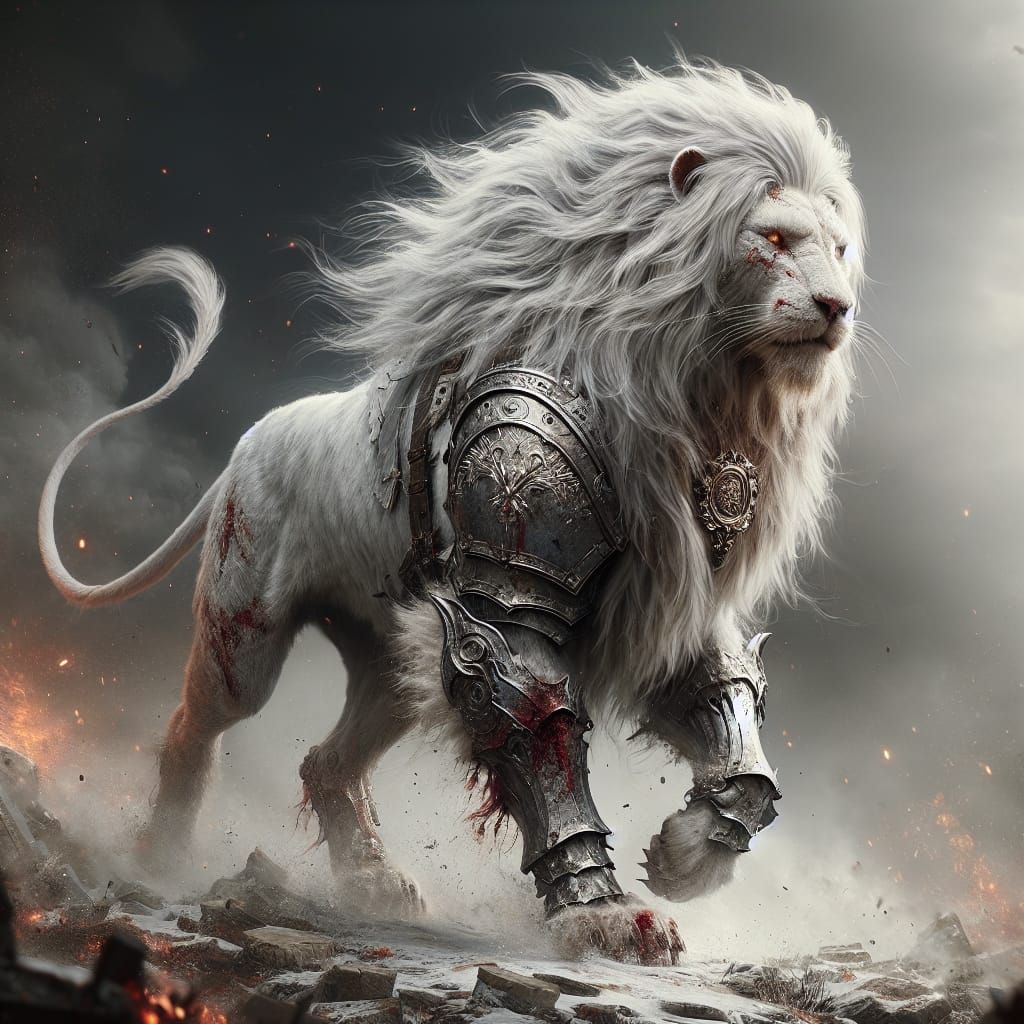 Armored Lion-Tiger Hybrid Walks from Battlefield