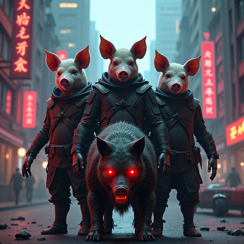 Cyberpunk Pigs vs. Biomechanical Wolf in Neon Cityscape