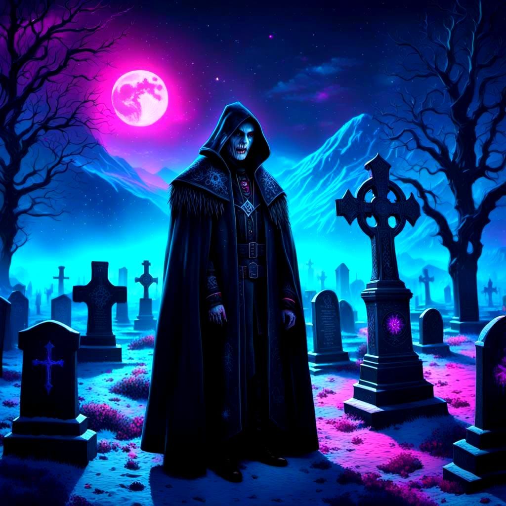 Dark Gothic Necromancer in Winter Cemetery