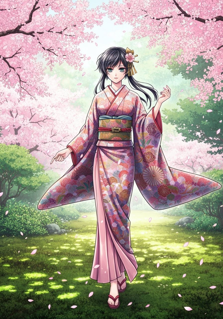 Anime Woman in Kimono in Japanese Garden