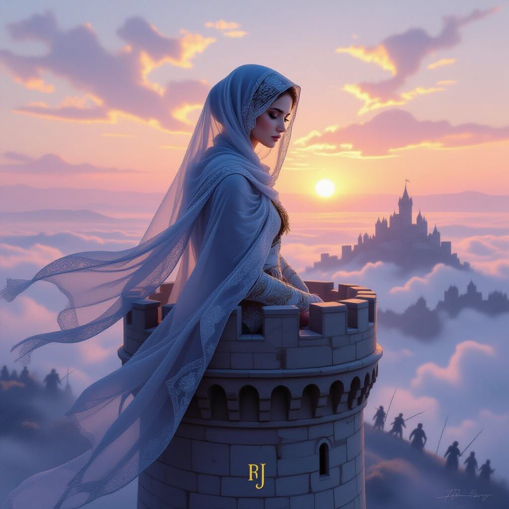 Veiled Princess on Tower at Dawn, Romantic Painting