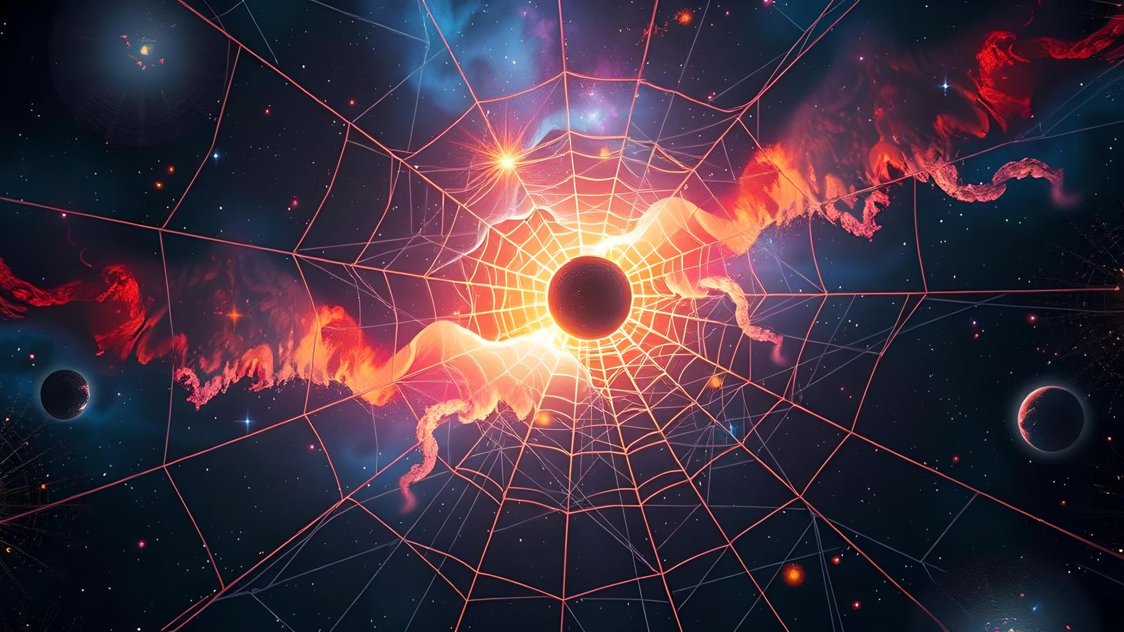 Holographic Cosmic Spiderweb Illustration in Mixed Media