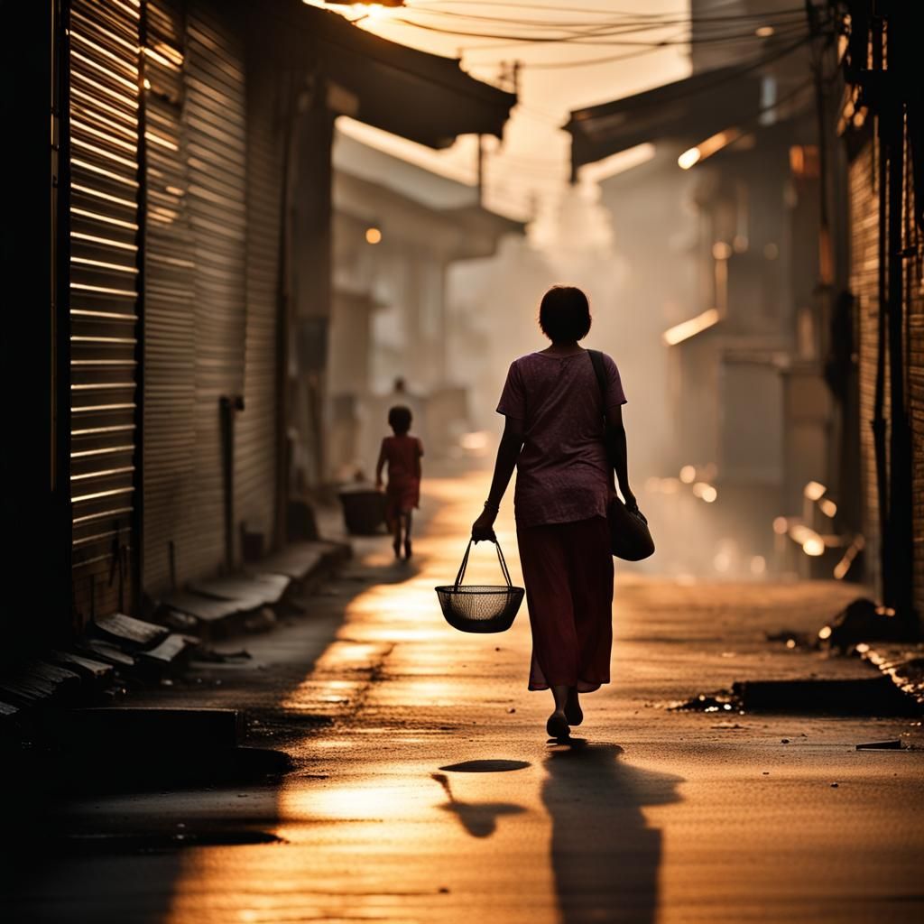 Cinematic Shot of Mother Walking in Jakarta Alley