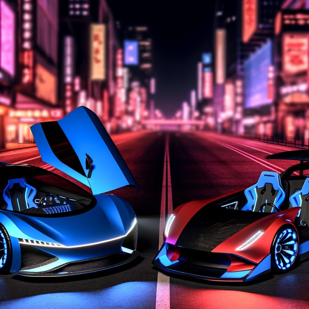 Futuristic Cyberpunk Sports Cars on Neon City Street