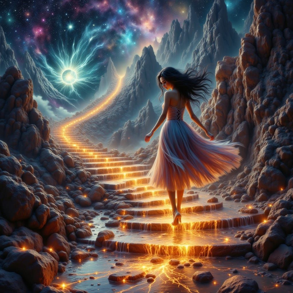 Woman on Crystal Pathway in Starlit Void