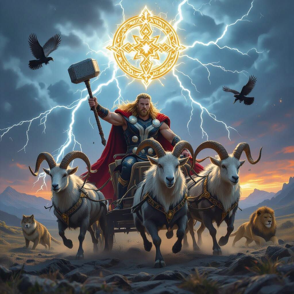 Thor Rides His Goat Chariot Amidst Lightning