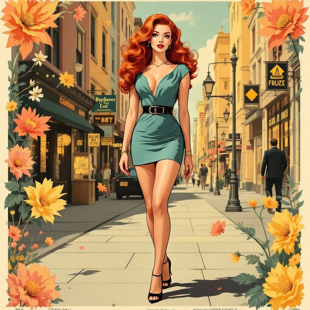 1950s Redhead in City, Vintage Commercial Art Style