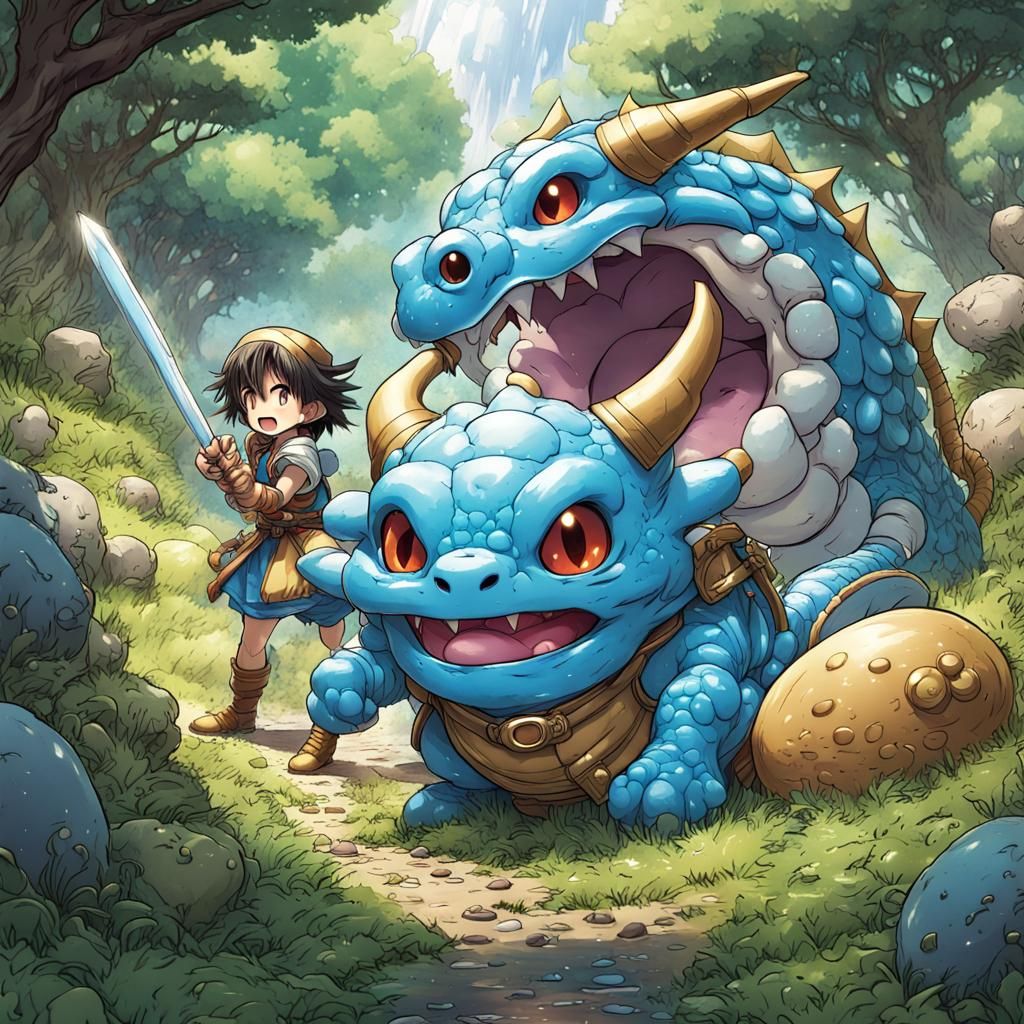 Cute Anime Warrior Fighting Slimes in Dragon Quest Style