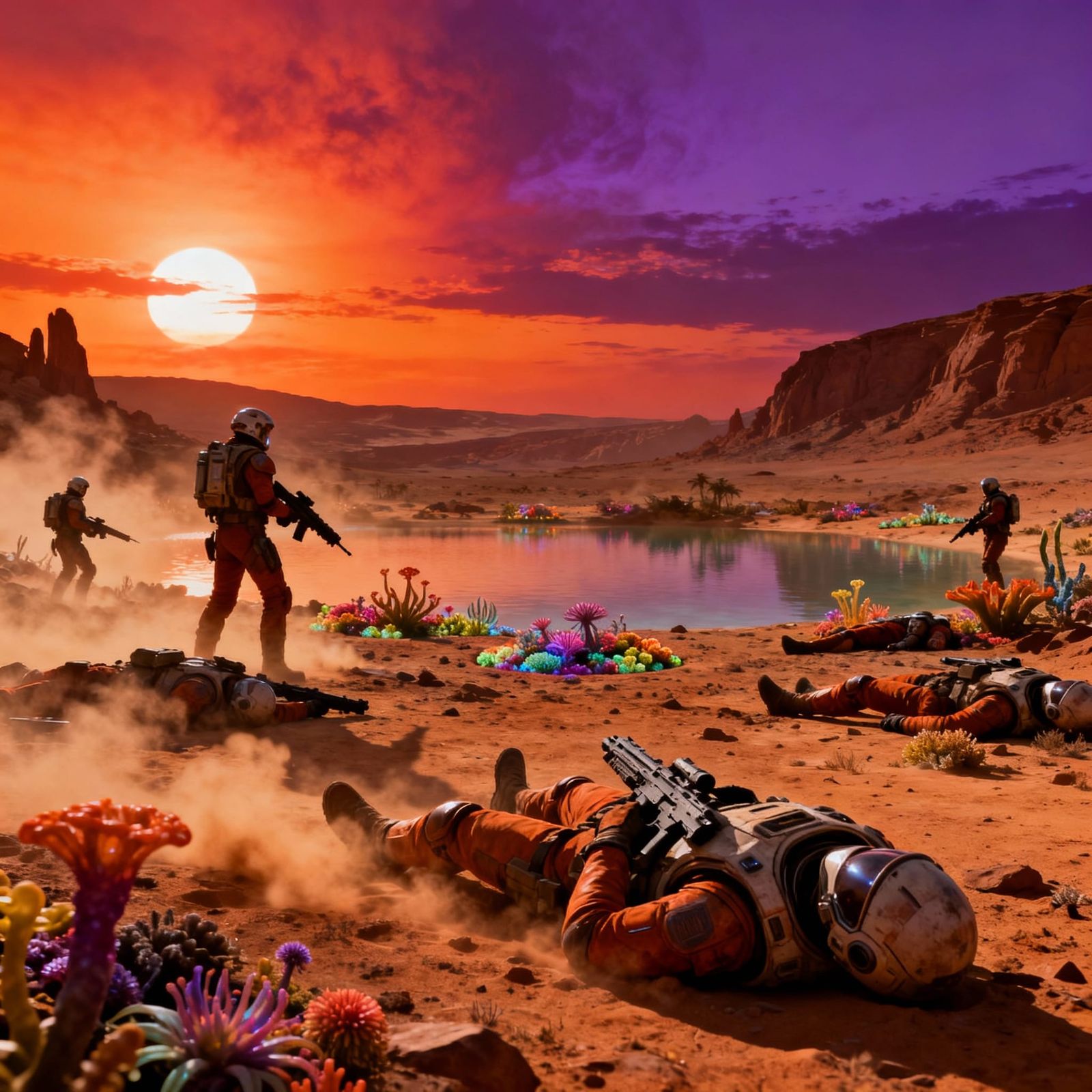 Futuristic Mars Oasis Warzone at Sunset