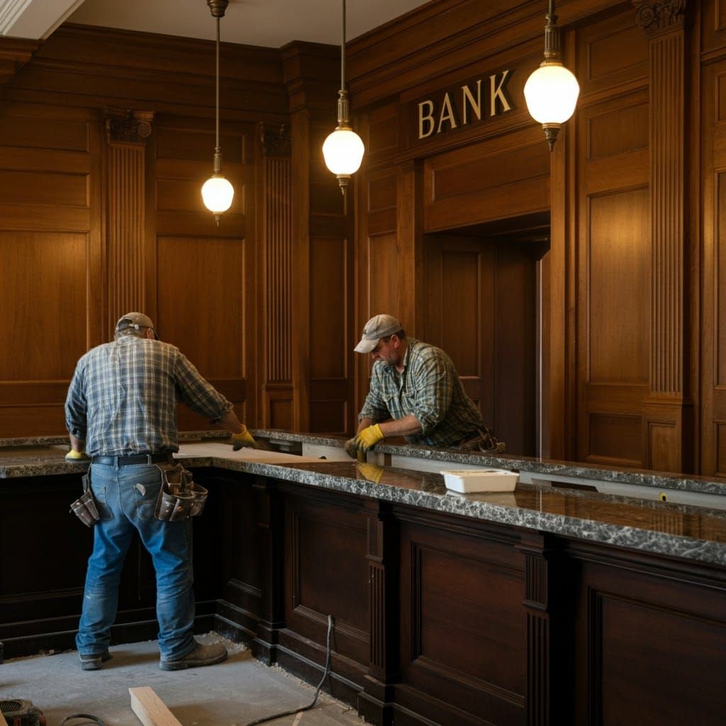 Traditional Bank Interior with Realistic Granite Countertops
