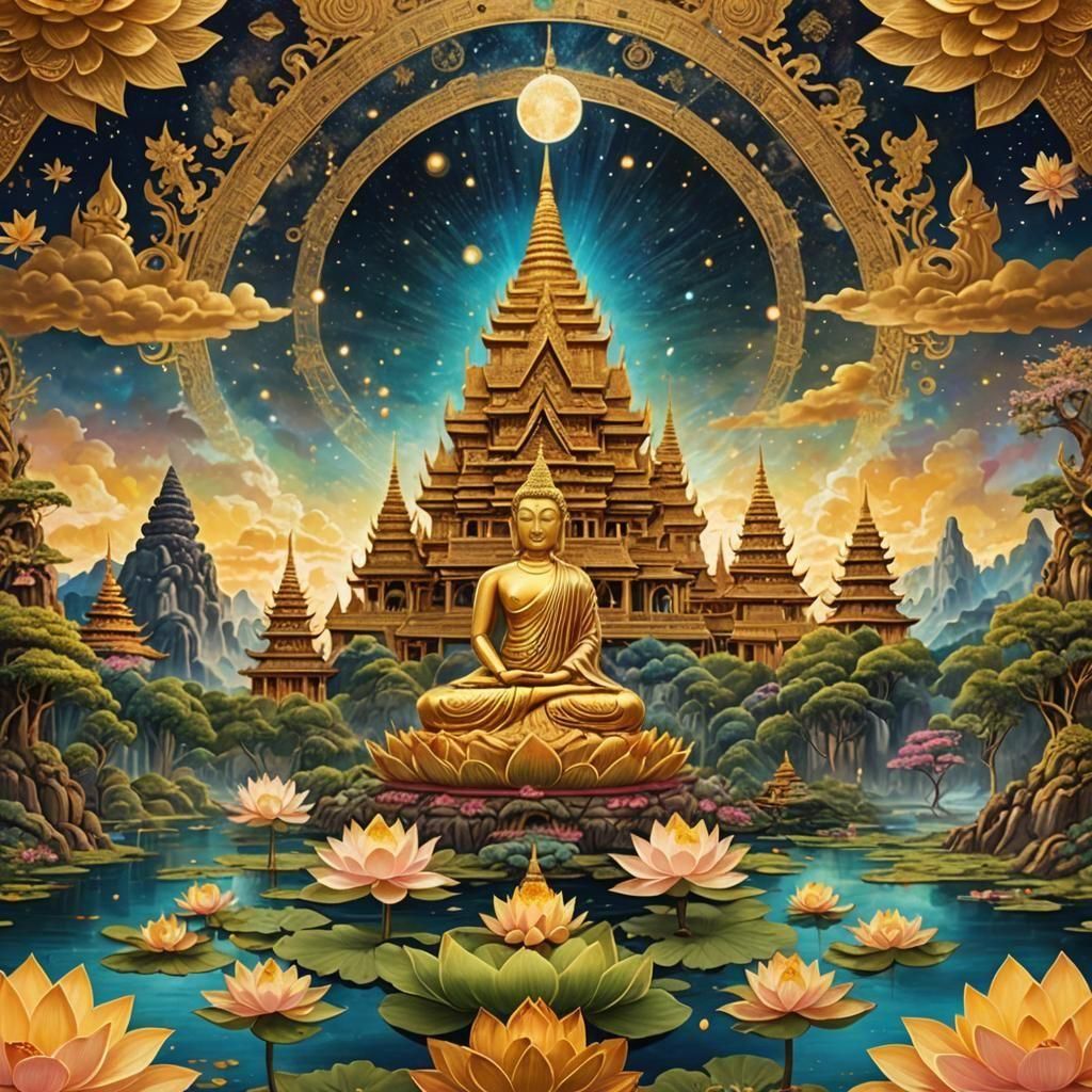 Golden Thai Castle: Holographic Astral Illustration