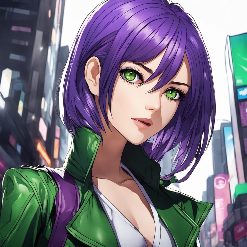 Anime Portrait: Beautiful Woman with Purple Hair