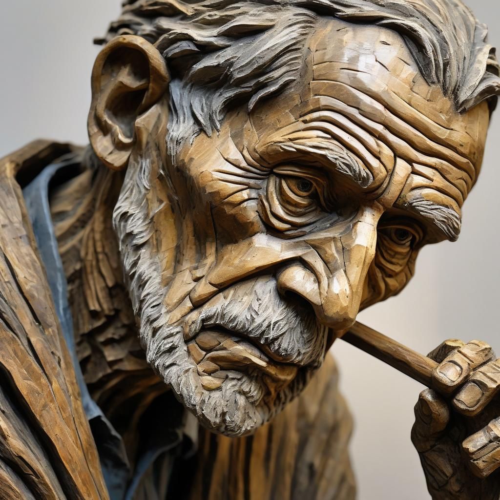 Expressionist Wooden Sculpture of Old Man with Cane