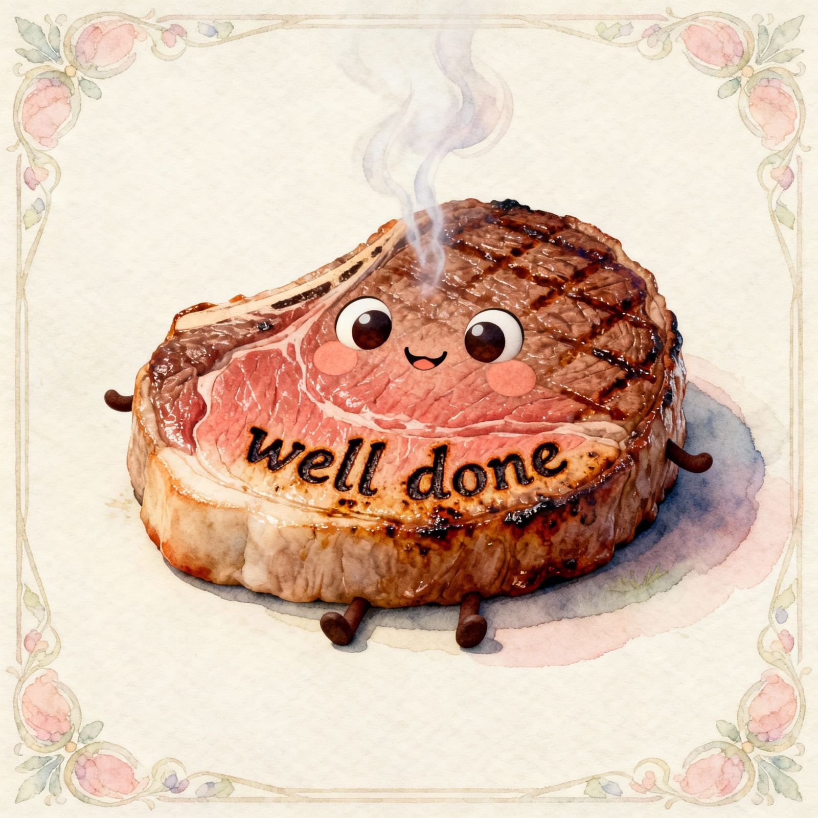 Smiling Steak with 'Well Done' Seared, Watercolor Illustrati...