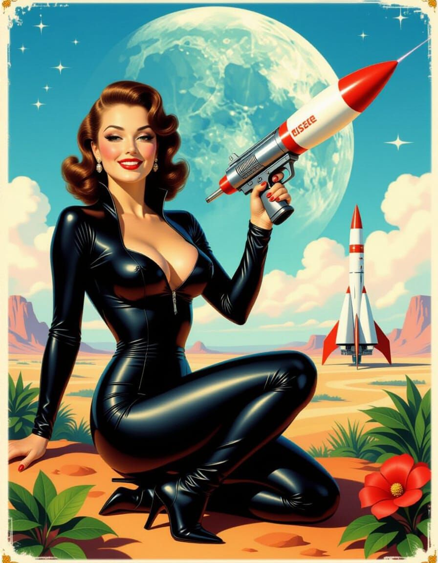 1950s Pin-Up Model with Retro Rocket Laser Gun
