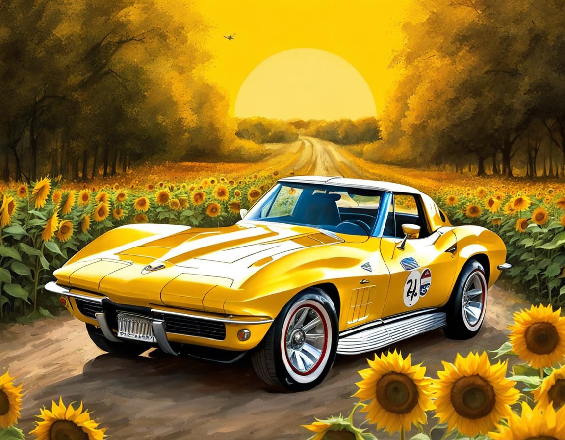 Yellow Corvette Rally Car in Sunflower Field