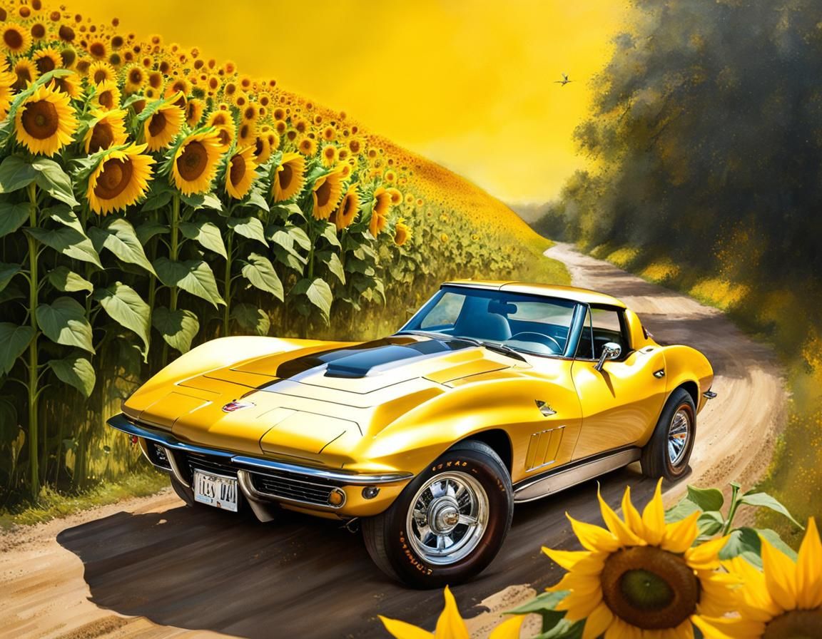 Rally Corvette in Sunflower Field: Impressionistic Digital A...