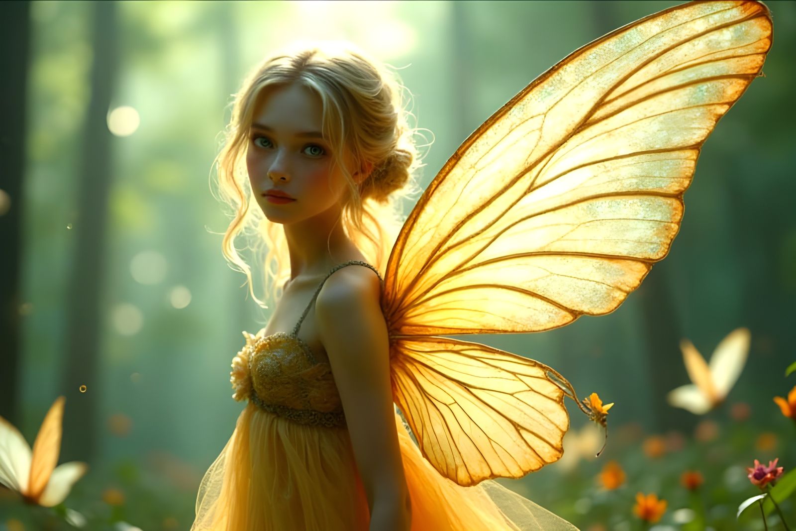 Ethereal Fairy with Butterfly Wings in Dreamy Forest