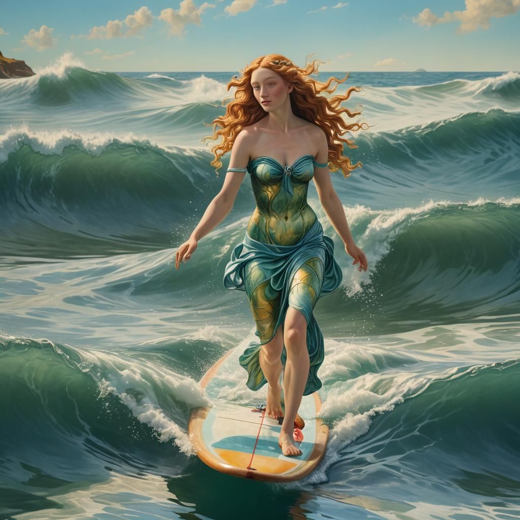 Botticelli's Venus Rides a Wave in Surreal Ocean