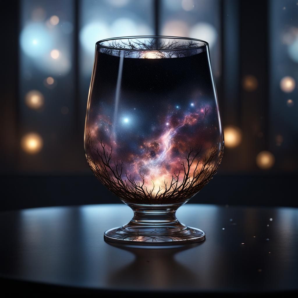 Epic Galaxy in Glass Cup: Photorealistic Double Exposure