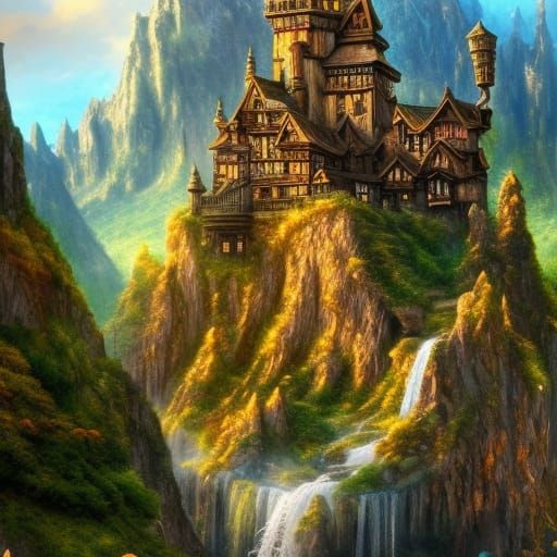 Fantasy Town Over Waterfall in Mountain Landscape