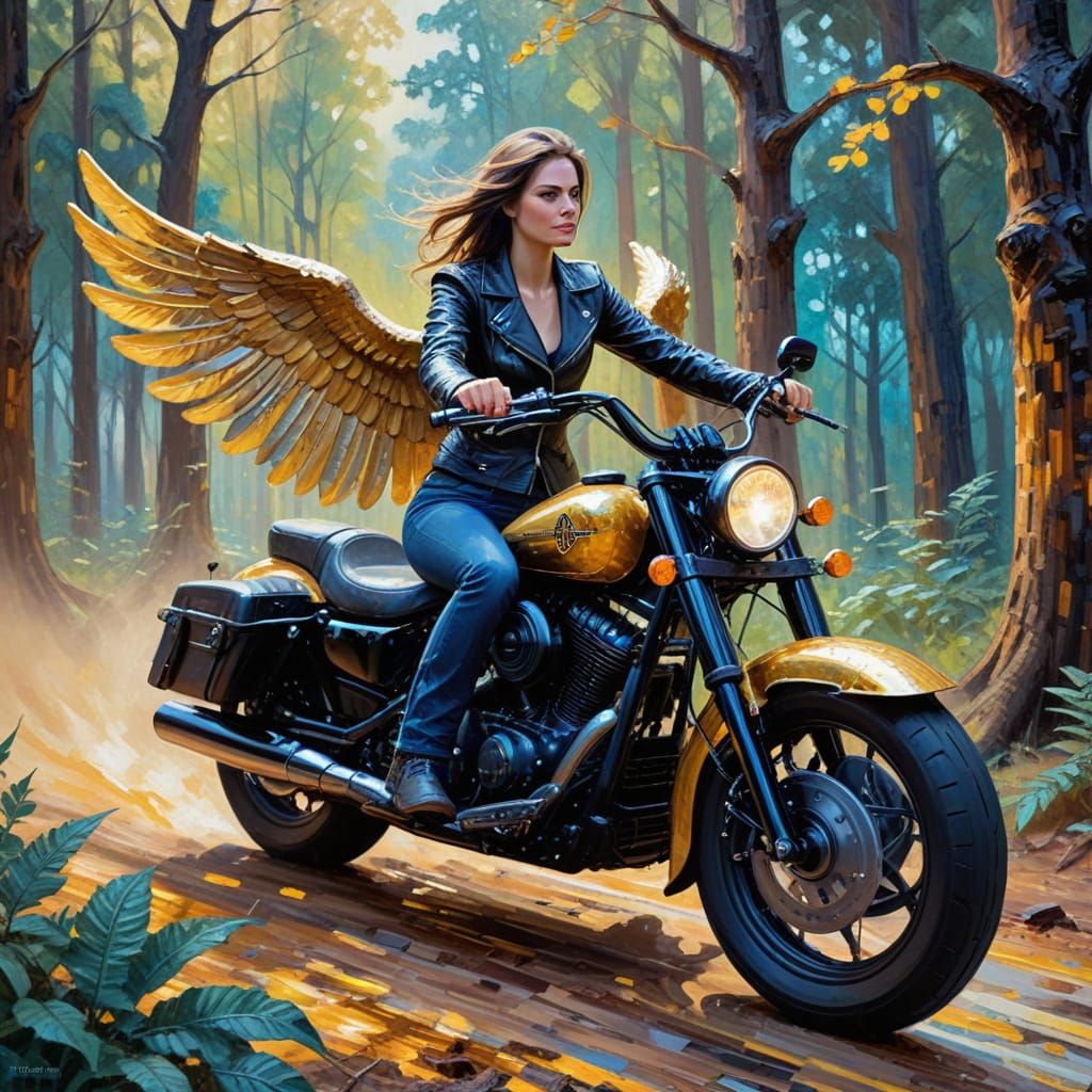 Female Angel Rides Harley Through Enchanted Forest Oil Paint...