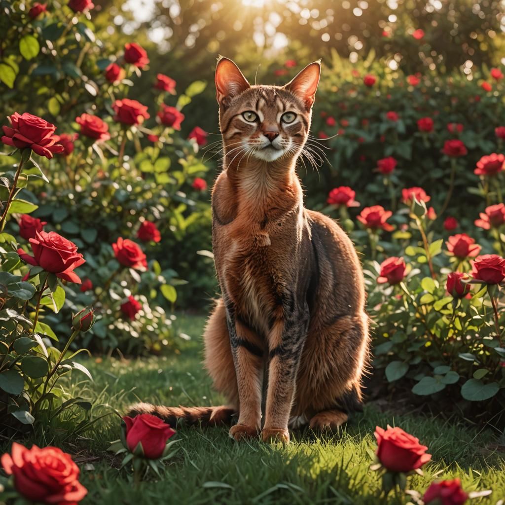Abyssinian Cat in Rose Garden: Golden Hour