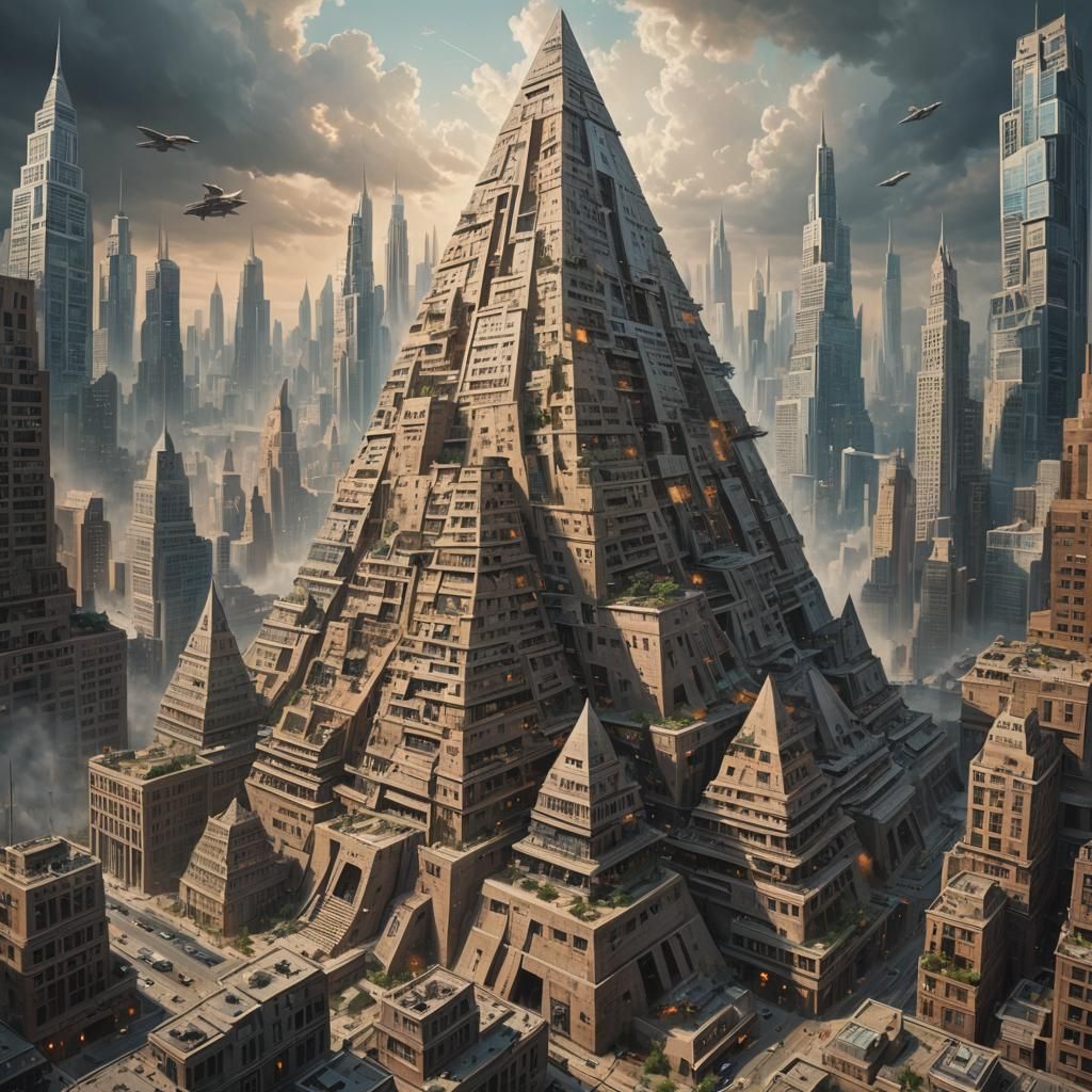 Surreal Cityscape Integrated into Colossal Pyramid