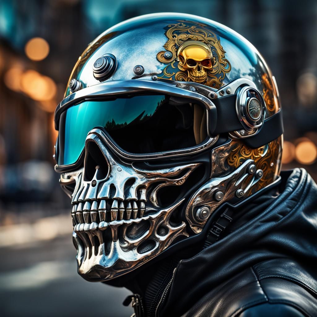 Motorbike Rider with Chrome Skull Helmet