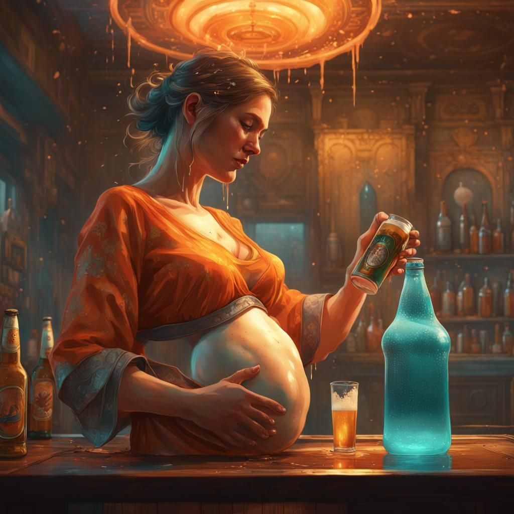 Pregnant Woman's Beer Ritual: Hyperdetailed Concept Art