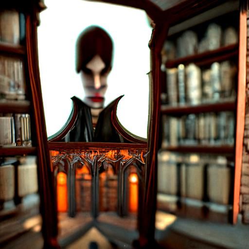 Gothic Vampire in Library with Empty Mirror