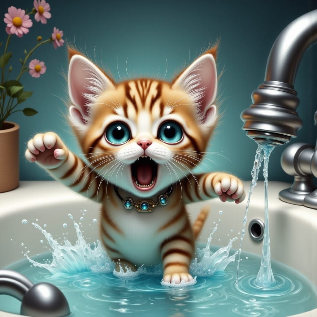 Cute Cat Tumbles into Sink Reaching for Water