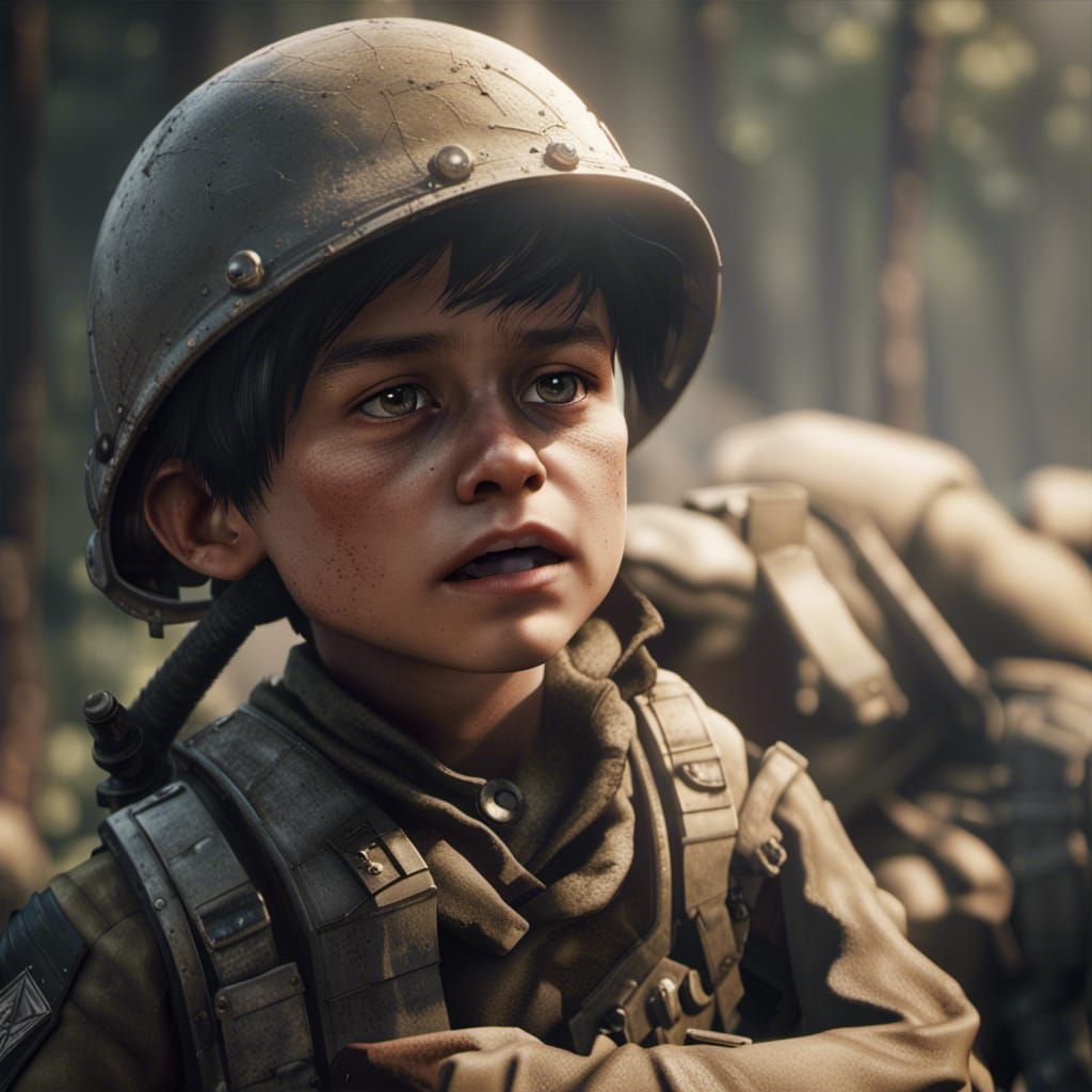 Boy Pleading with Soldiers: 3D Game Cinematic Render