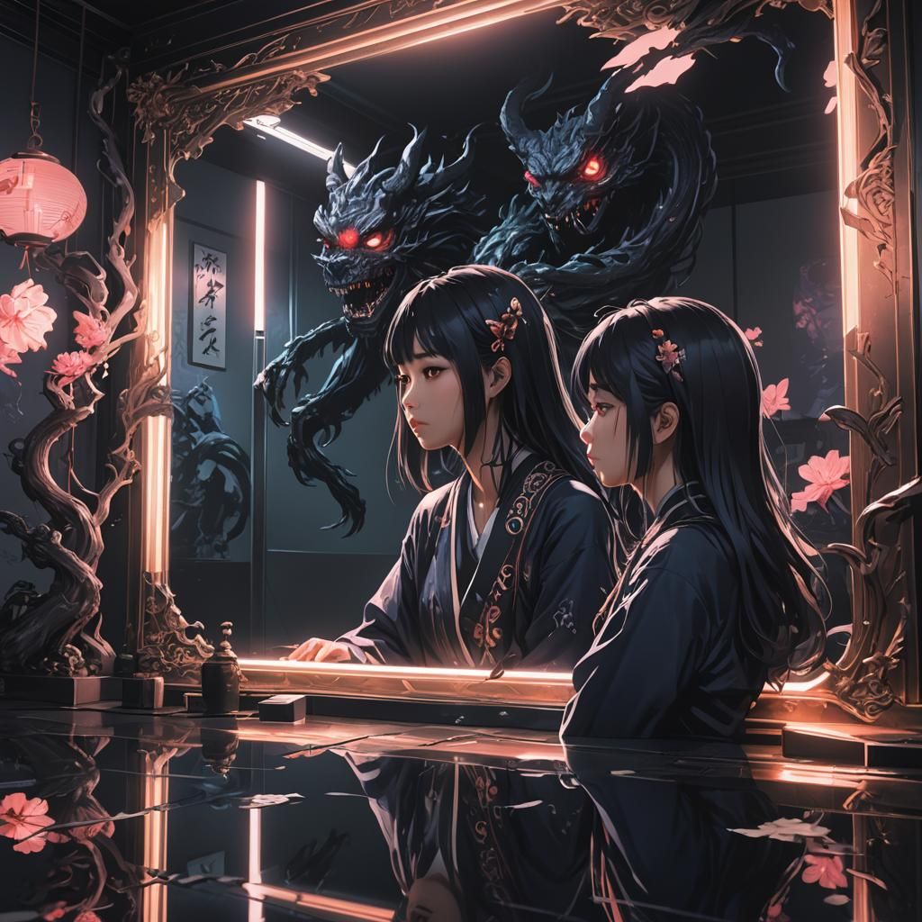 Shadow Monster in Neon Room Reflection