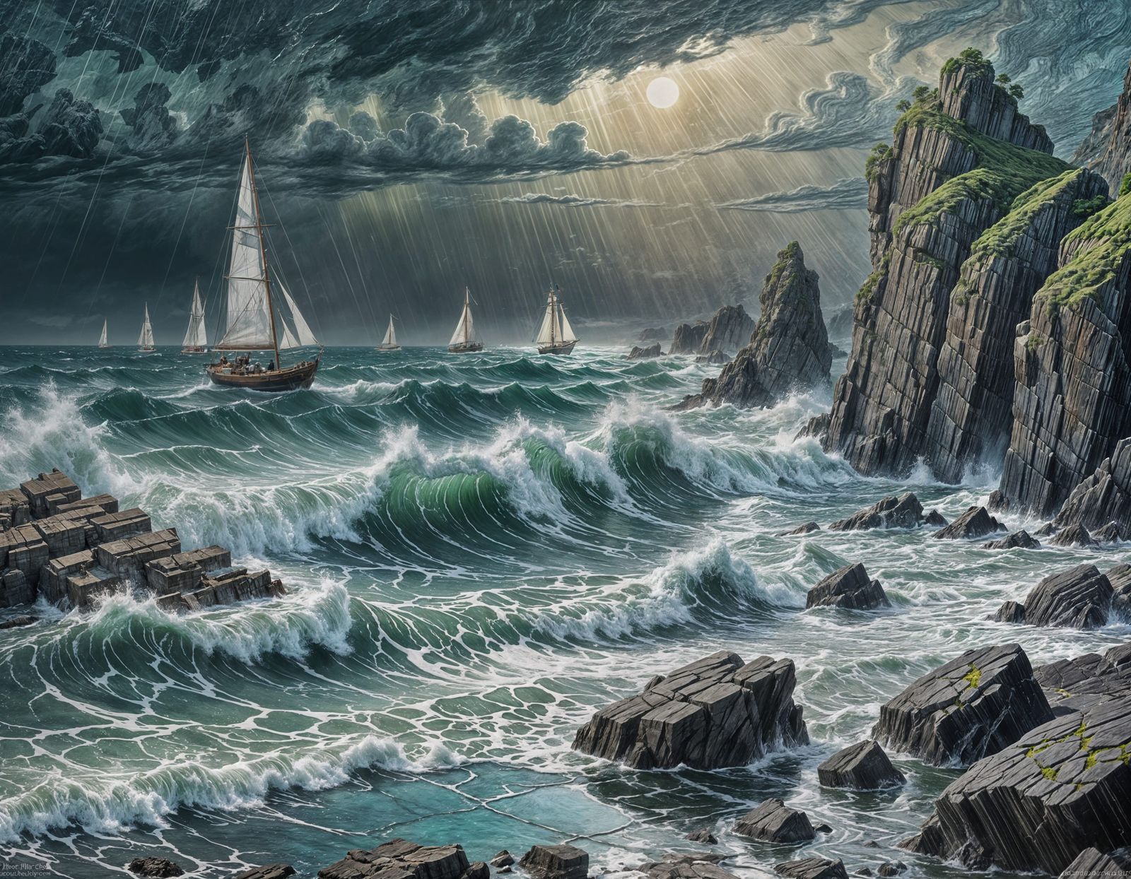 Embossed Jade and Opal Stormy Seascape